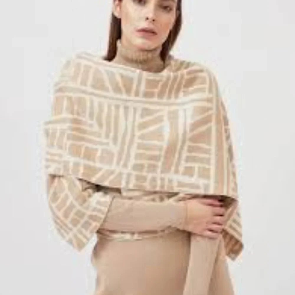 Mila.Vert Long Scarf Wrap Cotton beige Tan White Geometric Print Double Sided